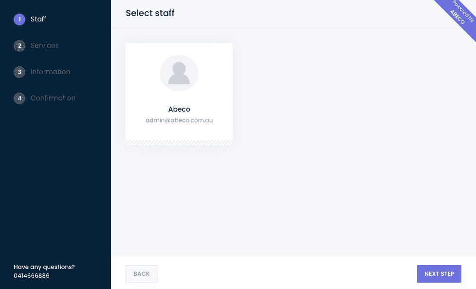 Abeco online booking widget — select staff step