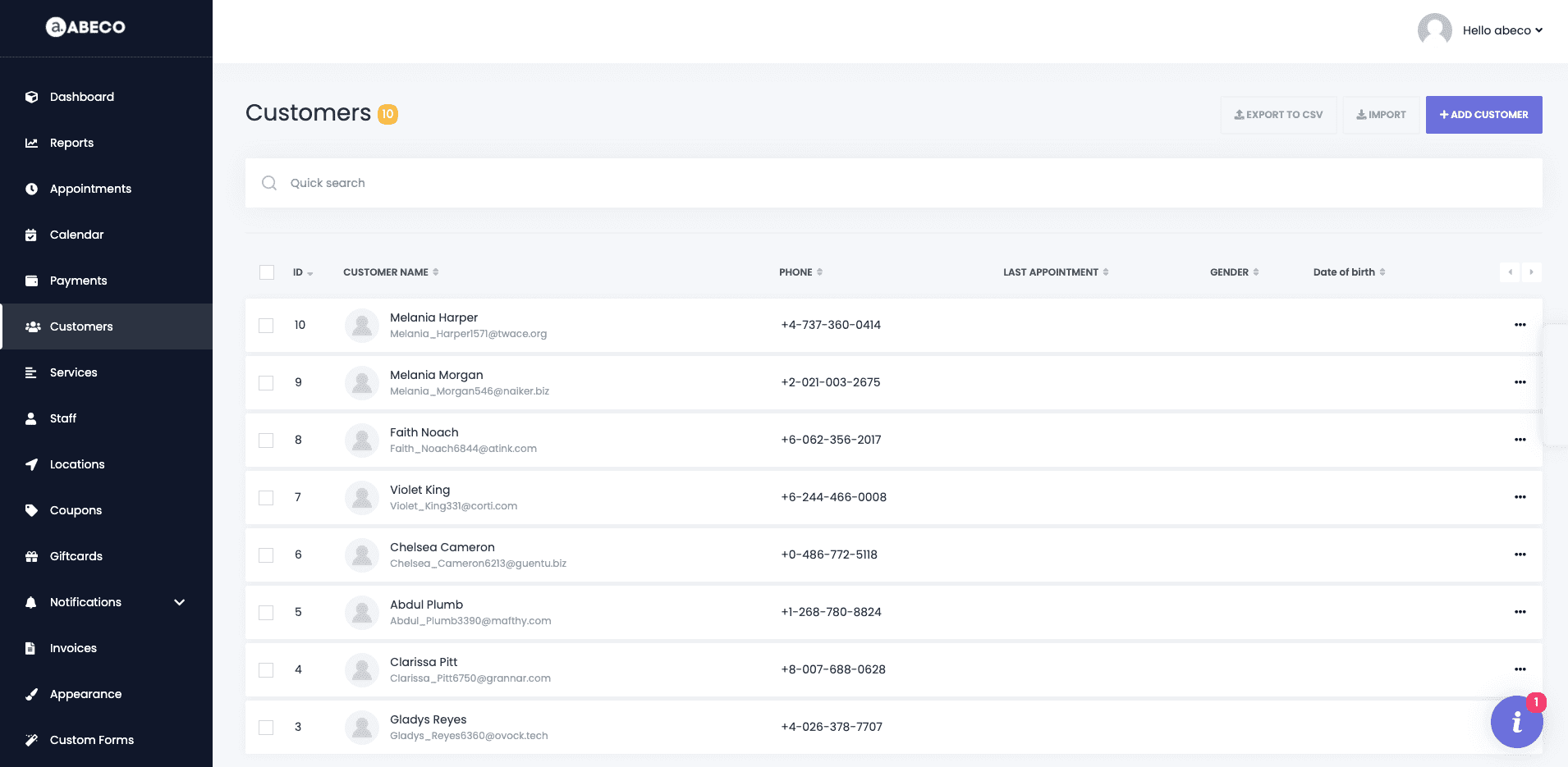 Abeco customers list with contact details and last appointment