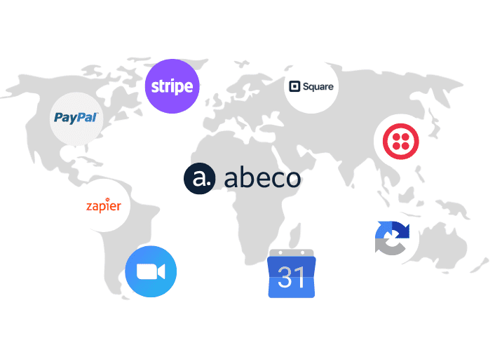 Abeco integrations with Stripe, PayPal, Square, Zoom, Twilio, Zapier and Google Calendar