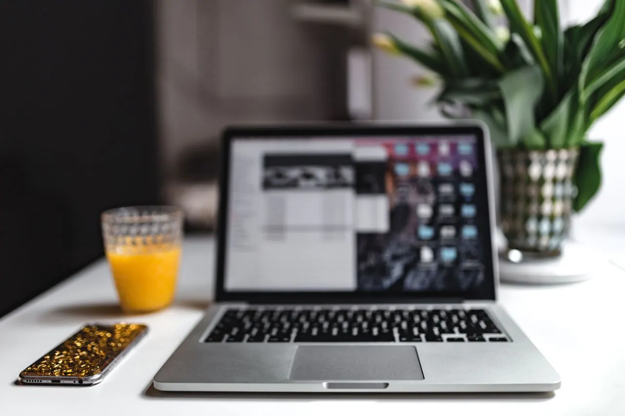Laptop showing a business dashboard next to a plant